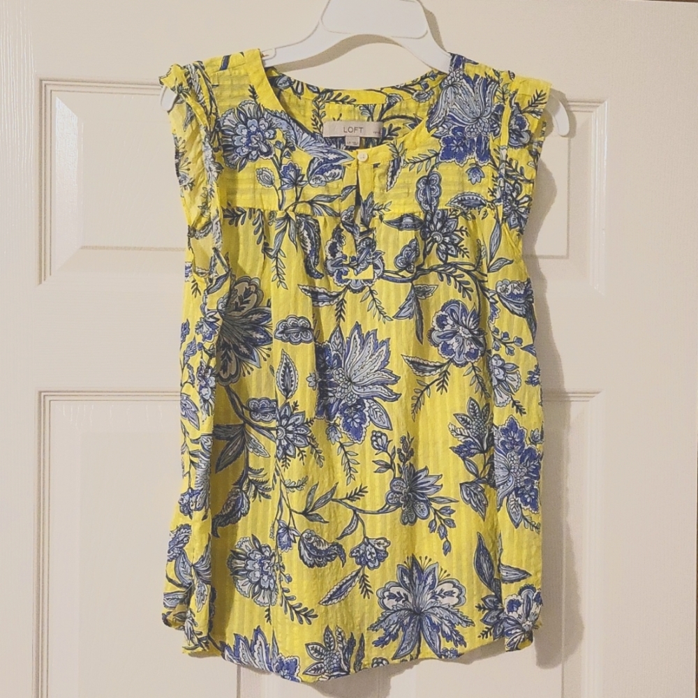 LOFT Blouse Yellow w/ Blue Floral Print Size Large Petite